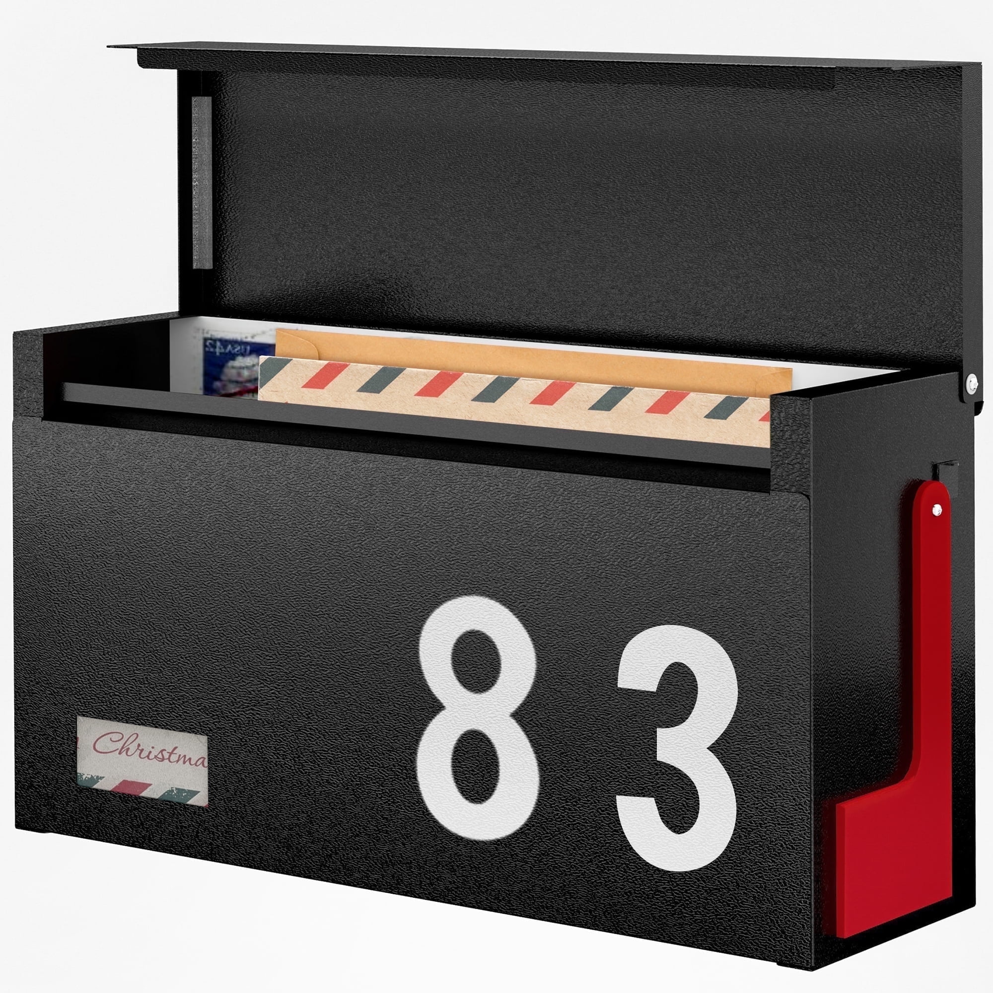 Modern Mailboxes for Outside, Metal Wall Mount Mailbox, with One Flag Kit and Three Sets of Mailbox Number Stickers, 3.9"D×13"W×7.1"H, Rust Resistant Coating Mail Boxes for House, Black AMB06B