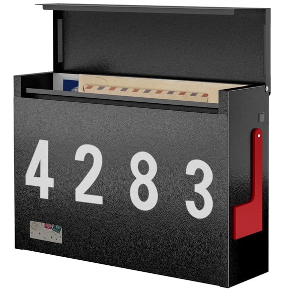Modern Mailboxes for Outside, Metal Wall Mount Mailbox, with One Flag Kit and Three Sets of Mailbox Number Stickers, 3.9"D×14.2"W×10.2"H, Rust Resistant Coating Mail Boxes for House, Black AMB07B