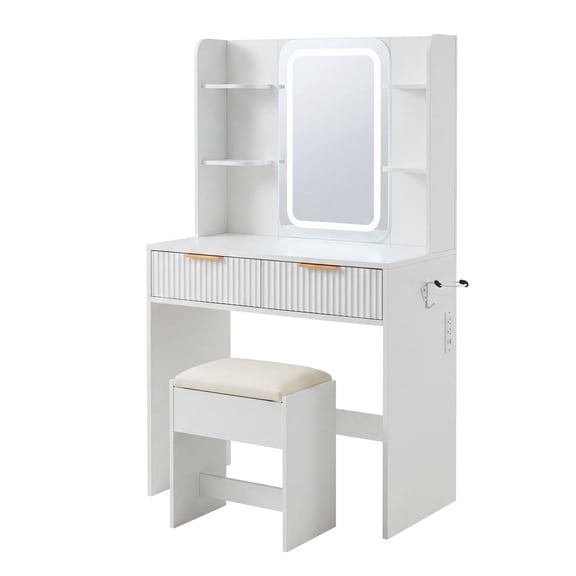 Modern Makeup Vanity Desk with Lighted Mirror and Stool, Fluted 2-Drawer Dressing Table Set with Charging Station & Hair Dryer Holder, 3 Lighting Modes LED Touch Mirror Vanity for Bedroom, White