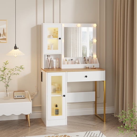 Modern Makeup Vanity Desk with Mirror & Adjustable RGB LED Lights USB Charging, Large Drawers, Acrylic Cabinets, Open Compartments Bedroom Dressing Table White + Wooden Tabletop