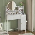 thumbnail image 1 of Modern Makeup Vanity Desk with Mirror and Light, Fluted Vanity Table with Drawer and Cabinet, Dresser with Hairdryer Holder & Power Outlet & Shelves, 3 Lighting Modes, for Bedroom, 1 of 9