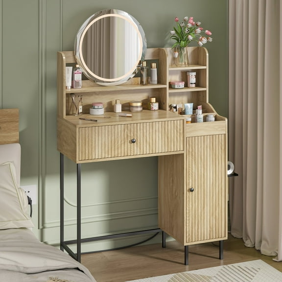 Modern Makeup Vanity Desk with Mirror and Light, Fluted Vanity Table with Drawer and Cabinet, Dresser with Hairdryer Holder & Power Outlet & Shelves, 3 Lighting Modes, for Bedroom