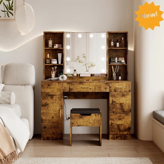 Modern Makeup Vanity Desk with LED Lights, Storage Drawers & Shelves, Adjustable Brightness, Vanity Table with Stool for Women & Girls