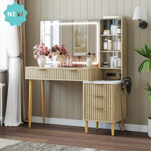 Modern Makeup Vanity Desk with LED Mirror & Lights – 5 Drawers, 3 Storage Shelves, Glass Top & Built-In Charging Station