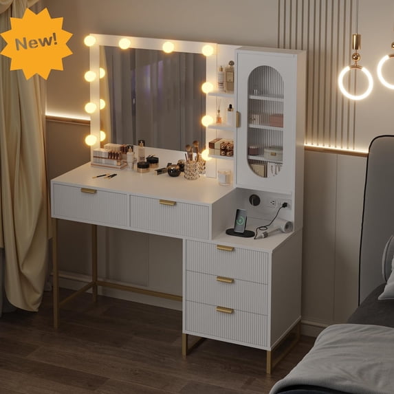 Modern Makeup Vanity Desk with Lighted Mirror, 10 LED Bulbs, USB & Power Outlets, 5 Drawers, 3 Shelves, Space-Saving Dressing Table for Bedrooms