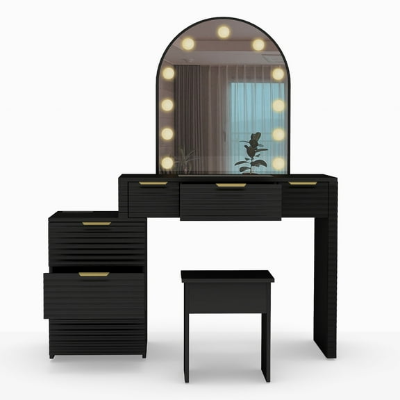 Modern Makeup Vanity Desk with Mirror Lights Glass Tabletop Drawers for Bedroom Black US Plug-Christmas decorations