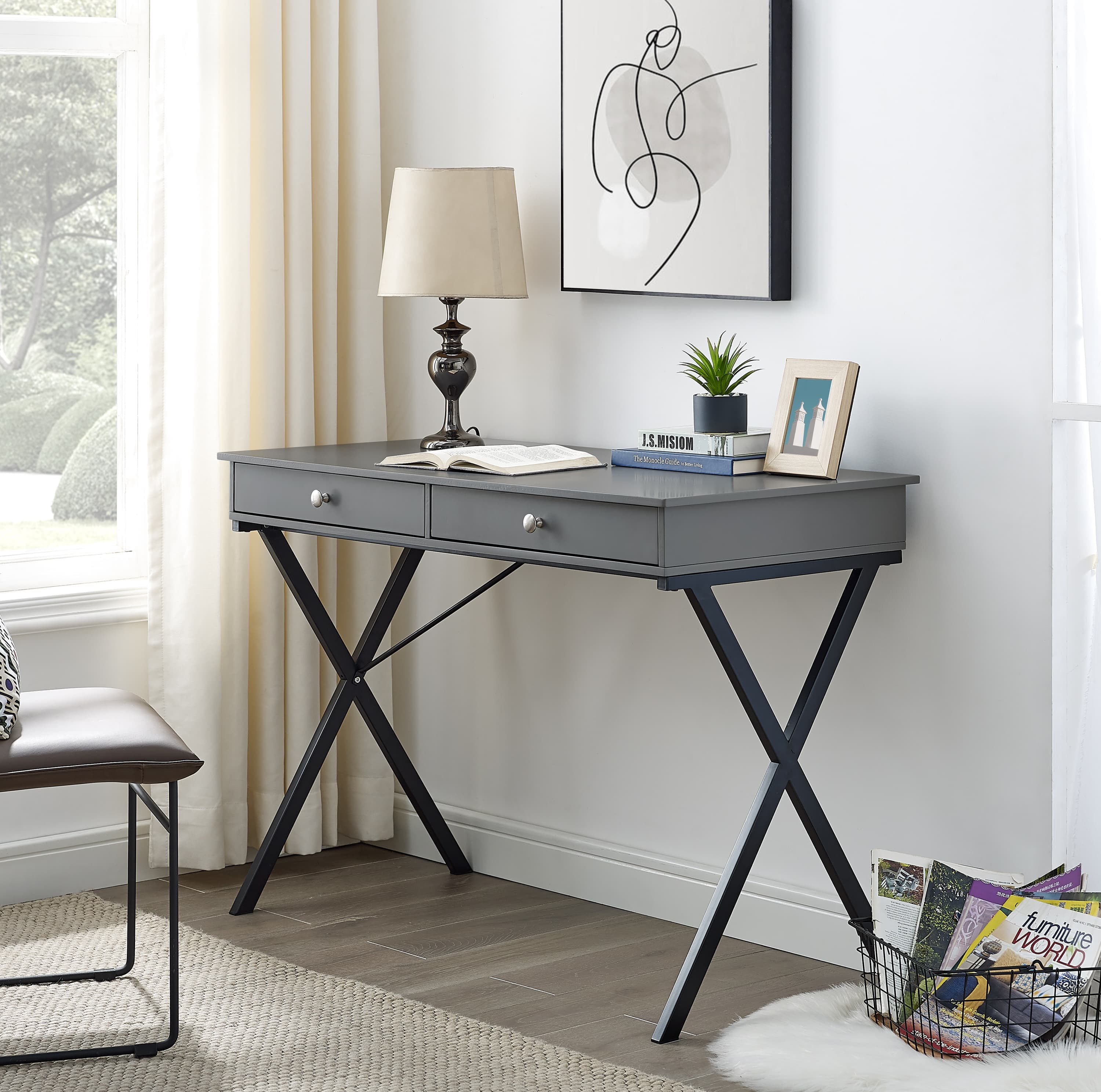 FOTOSOK White Computer Writing Desk with 2 Drawers, Modern Home Office Desk with 4 Oak Legs, Small Makeup Vanity Table Desk Console Study Table