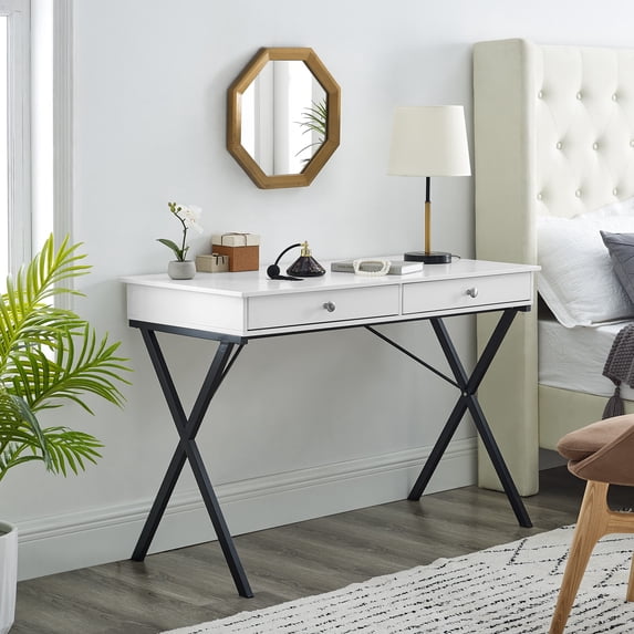 Modern Makeup Vanity Dressing Table Home Office Study Computer Laptop Writing Desk with Two Storage Drawers and Black Stoving Varnsih Steel Frame, White
