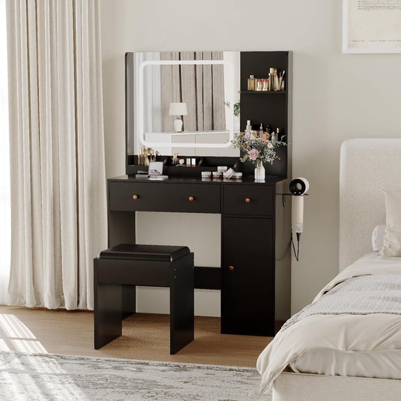 Modern Makeup Vanity Set with LED Lighted Mirror and Touch Control – Includes Stool, Storage Drawers & Open Shelves, Adjustable Brightness for Bedroom or Dressing Room, Black