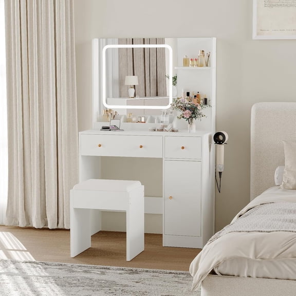 Modern Makeup Vanity Set with LED Lighted Mirror and Touch Control – Includes Stool, Storage Drawers & Open Shelves, Adjustable Brightness for Bedroom or Dressing Room, White