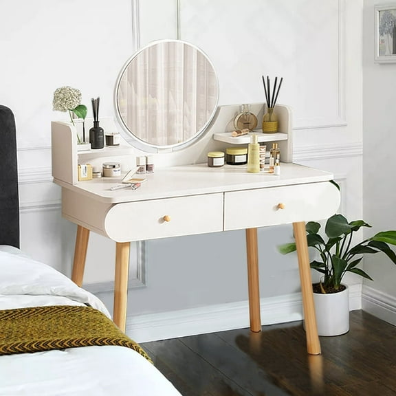 YYW Modern Makeup Vanity Table, Dressing Desk with 2 Drawers,2 Shelves,Rounded Mirror,White