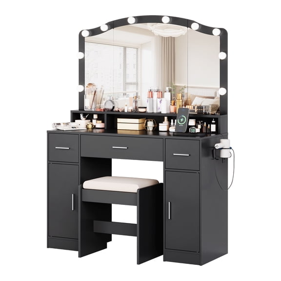JustSmart Modern Makeup Vanity Table Set with LED Lighted Mirror, 3 Drawers, 2 Cabinets, Charging Ports, Cushioned Stool, Storage Desk for Girls and Women Bedroom or Playroom, Black
