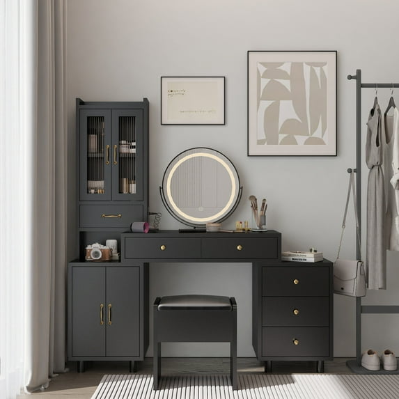 Modern Makeup Vanity Table Set with Side Cabinet and Nightstand and LED Mirror, Retractable Dressing Table with Power Outlets, 3 Light Colors, Black
