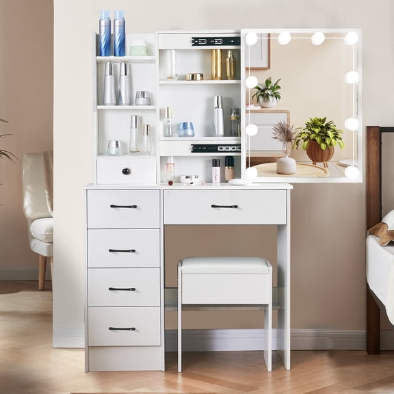 Jarbalai Modern Makeup Vanity Table W/ 10 LED Lights Sliding Mirror, 5 Drawers Vanity Desk Set with Padded Stool, White