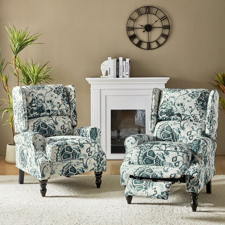 Recliner Chair Set of 2 Push Back Upholstered Midcentury Wingback Armchair Fabric Couches Wood Legs Home Living Room Floral