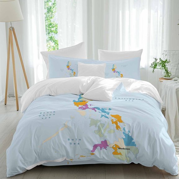 Modern Map Queen Size Comforter Set, Blue Sea Simplize Colorful Plate Bedding for All Seasons, 4 Pcs Bed Set, 1Quiltcover (90"x92") ,1Sheet(94"x116"), 2Pillowcases (30"x20")