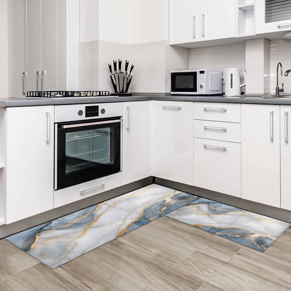 Modern Marble 2 Pieces Non-Slip Kitchen Mat Set Abstract Ink Painted Art Golden Soft Door Mat with Rubber Backing,Dirtproof Rugs for Entrance Doorway 19.7x31.5in+19.7x47.2in