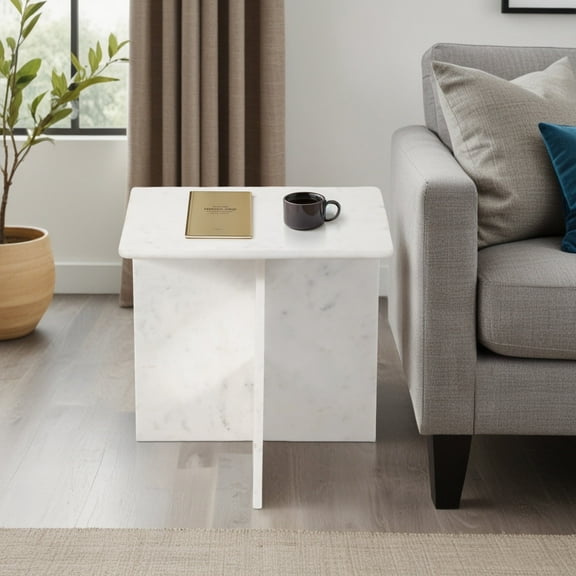 Modern Marble Accent Table - Sleek Stone End Table for Home, Office, Bedroom & Living Room - Glam Minimalist Side Table, Durable & Stylish - 20" White
