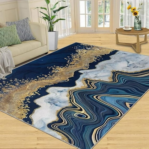 Modern Marble Area Rug, Luxury White Gold Texture Navy Blue Living Room Rug, Non-Slip Rug Breathable Washable Rug For Bedroom Study Dining Room 4 x 6ft