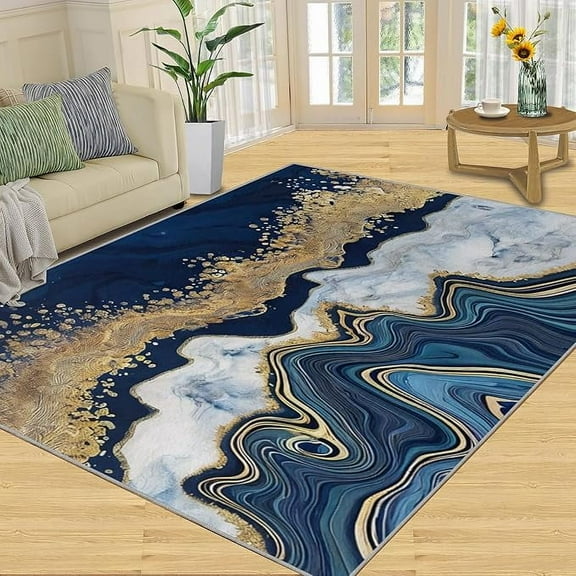 Modern Marble Area Rug, Luxury White Gold Texture Navy Blue Living Room Rug, Non-Slip Rug Breathable Washable Rug For Bedroom Study Dining Room 5 x 8ft