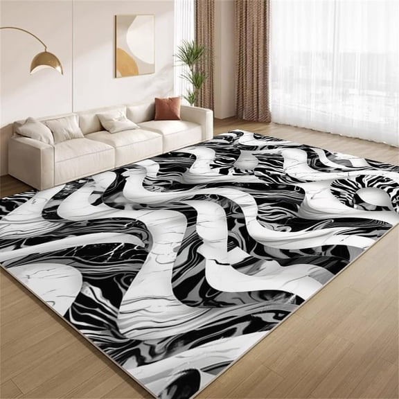 Modern Marble Area Rugs, Black White Wave Texture Carpet, Washable Non Slip Low Pile Soft Rug for Living Room Bedroom Decor Mat 4ftx6ft