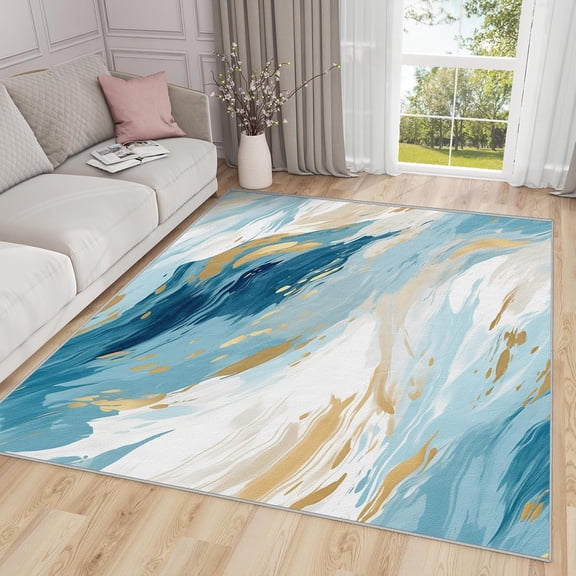 Modern Marble Area Rugs, Blue Gold Abstract Carpet, Washable Non Slip Low Pile Soft Rug for Living Room Bedroom Decor Mat 2x3ft