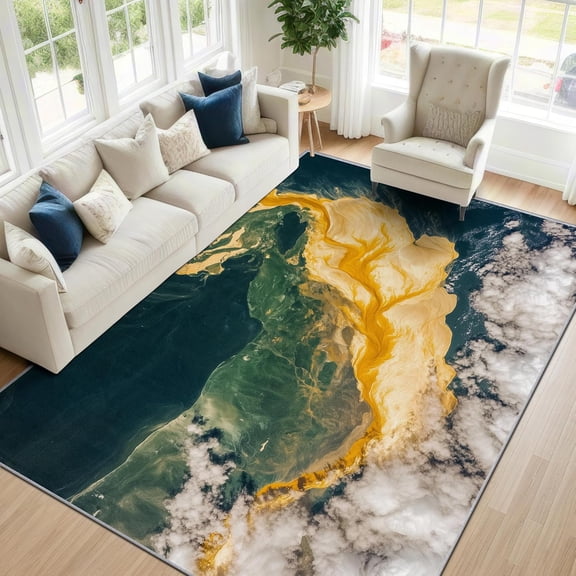 Modern Marble Area Rugs, Green Gold Abstract Luxury Carpet, Washable Non Slip Low Pile Soft Rug for Living Room Bedroom Decor Mat 2x3ft