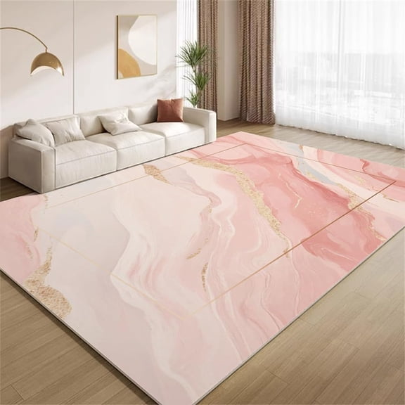 Modern Marble Area Rugs, Pink Gold Abstract Carpet, Washable Non Slip Low Pile Soft Rug for Living Room Bedroom Decor Mat 3ftx5ft