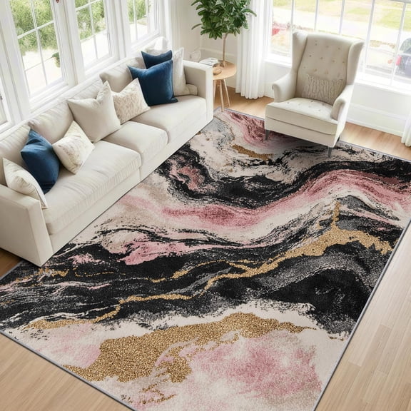 Modern Marble Area Rugs, Pink Gold Abstract Carpet, Washable Non Slip Low Pile Soft Rug for Living Room Bedroom Decor Mat 5x8ft
