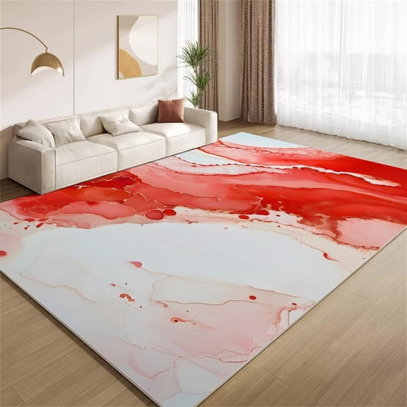 Modern Marble Area Rugs, Red White Abstract Carpet, Washable Non Slip Low Pile Soft Rug for Living Room Bedroom Decor Mat 3ftx5ft