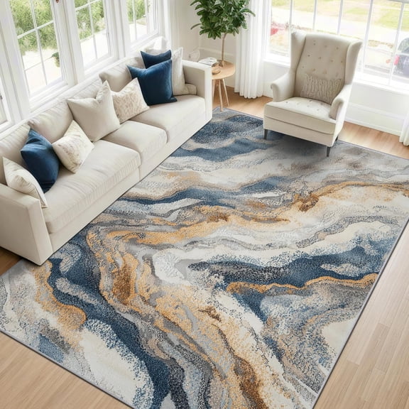 Modern Marble Area Rugs, Wavy Abstract Artistic Carpet, Washable Non Slip Low Pile Soft Rug for Living Room Bedroom Decor Mat 2x3ft