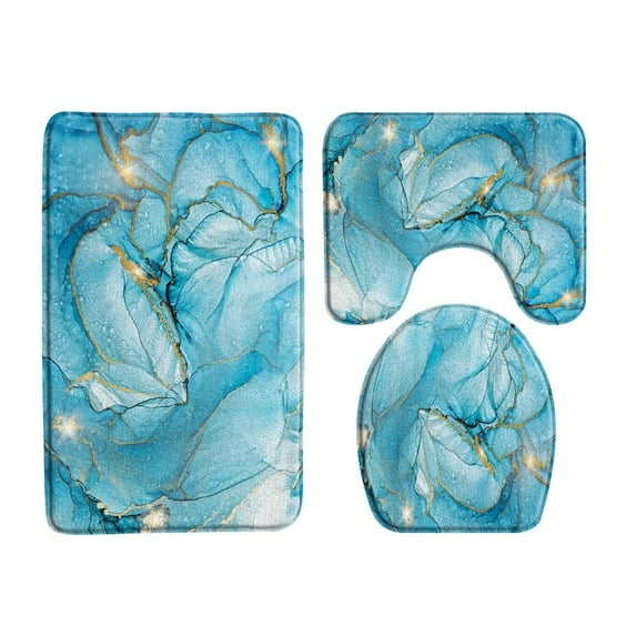 Modern Marble Bath Mat Set Gold Lines Green Textured Pattern Abstract Bathroom Decor Non-slip Rugs Toilet Lid Cover