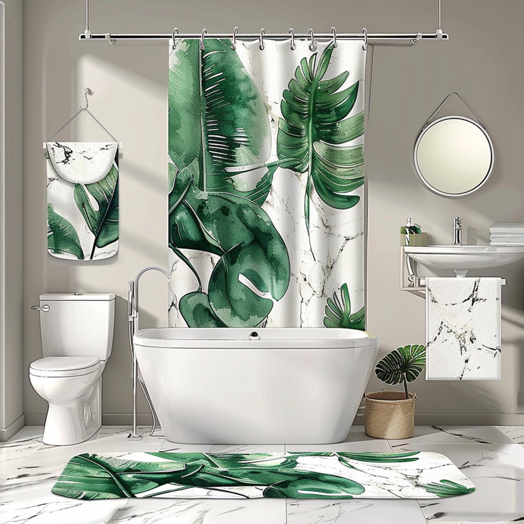 Modern Marble Bathroom Set with Tropical Leaf Accents Green Banana ...