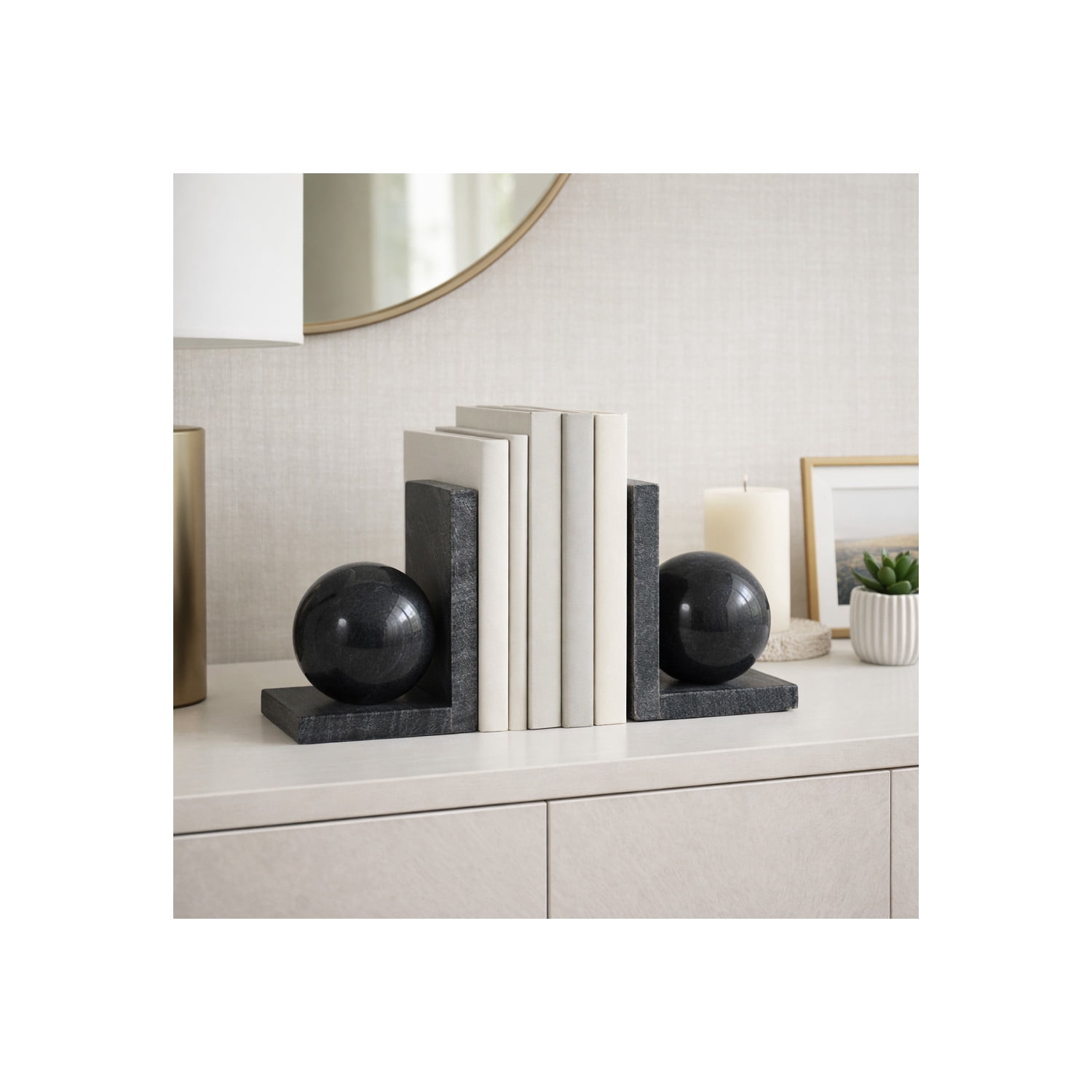 Modern Marble Bookend with Orb for Bookshelf Decor - Decorative Book ...