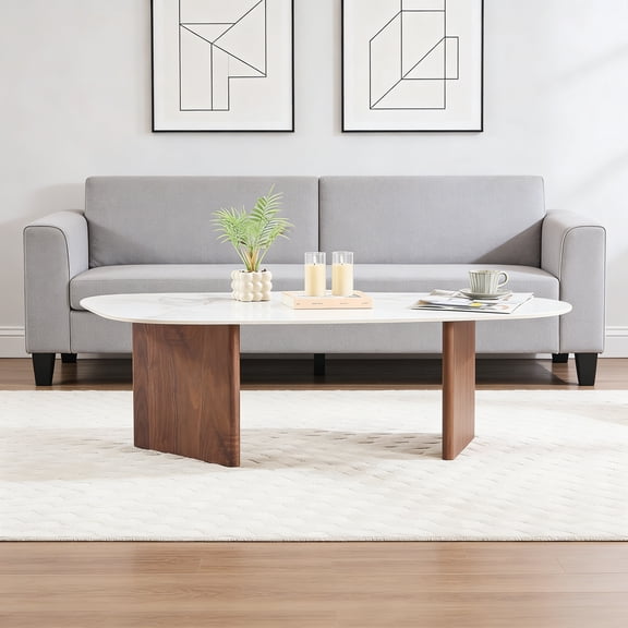 Modern Marble Coffee Table, 51 Side Table with Irregular Surfboard Shape Top and Solid Wooden Base, Reception End Table for Living Room, Balcony, Office