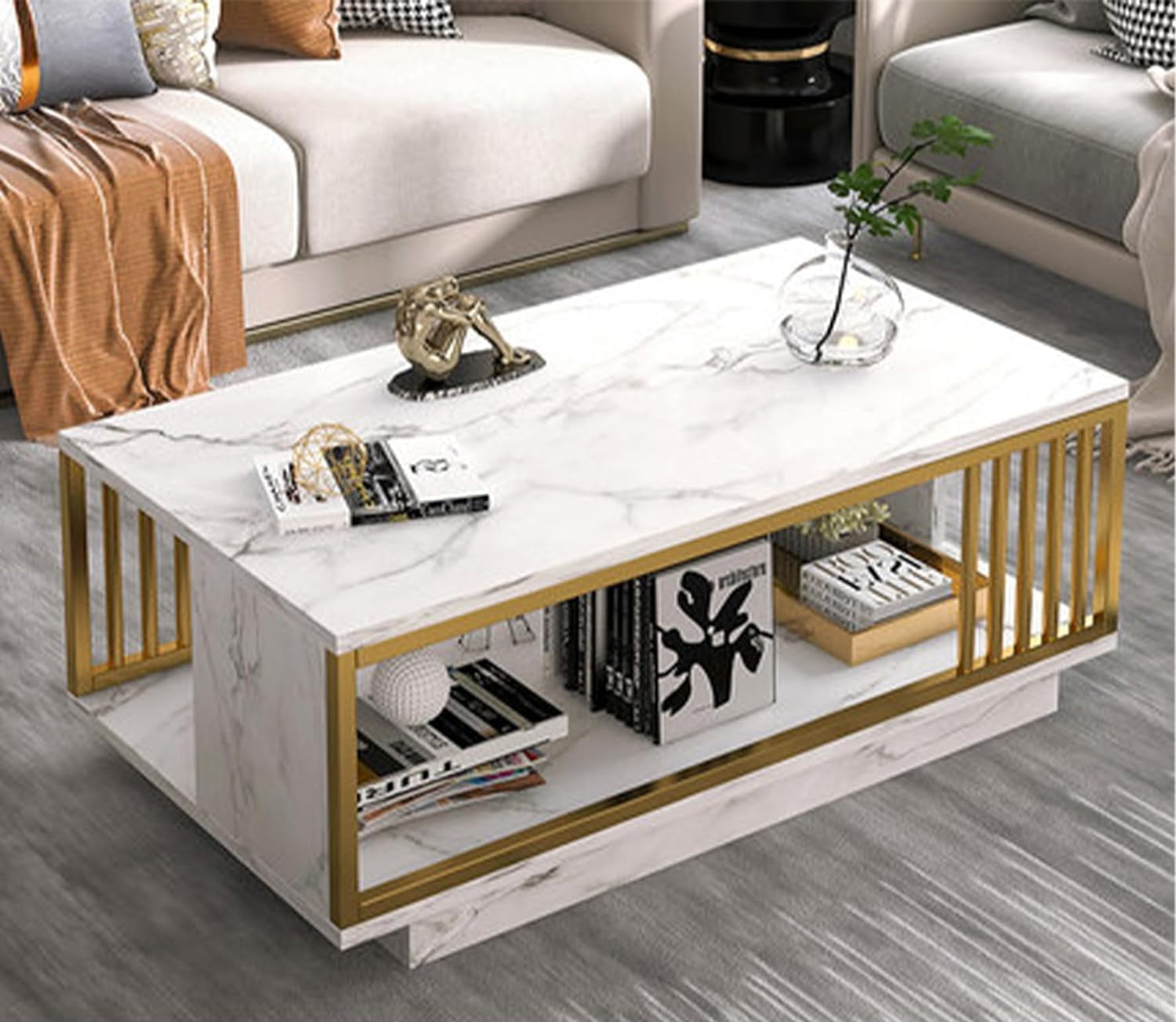Modern Marble Coffee Table,Faux Marble Top Coffee Table with Metal ...