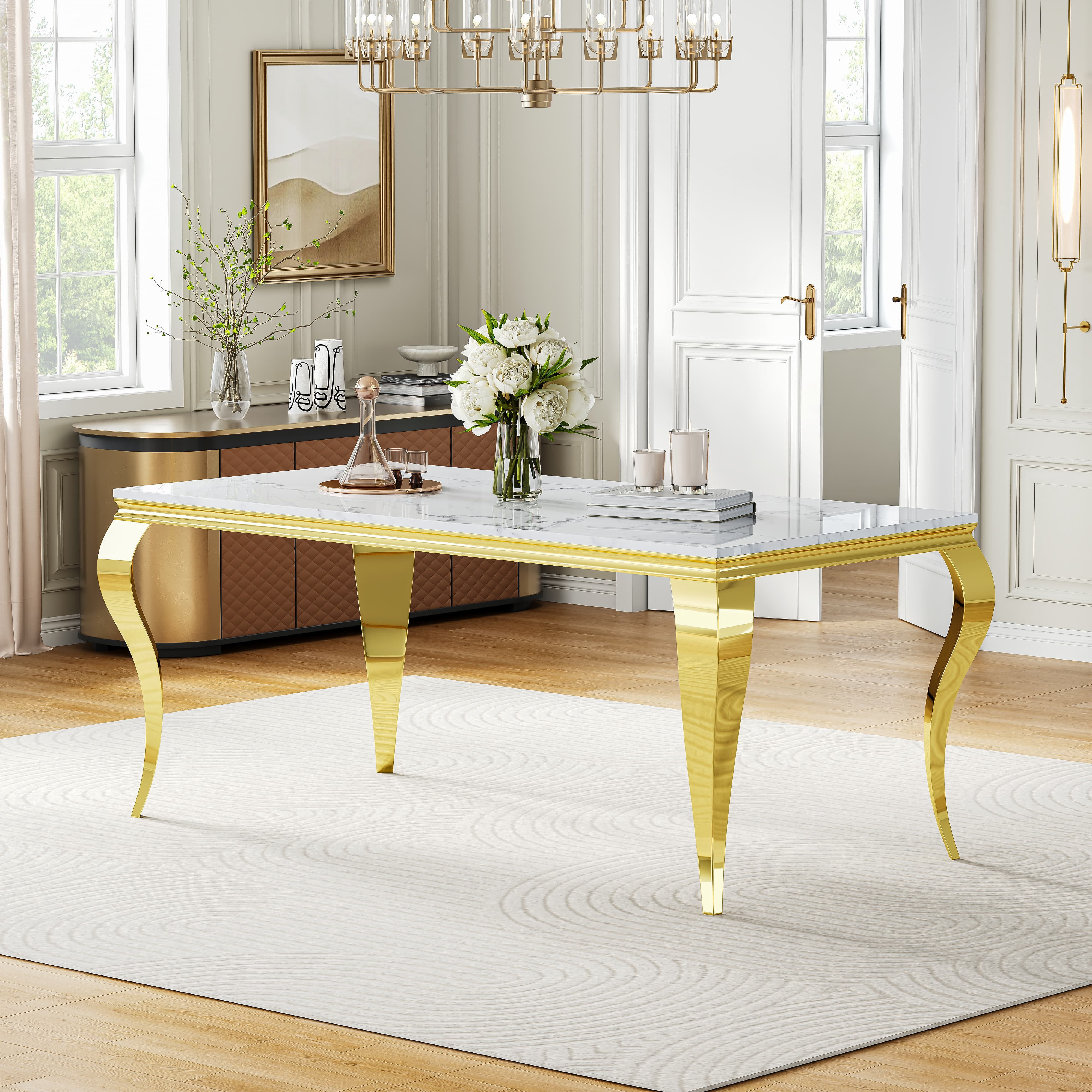 Modern Marble Dining Table, 70" Faux Marble Top and Polished Stainless Steel S-Shaped Legs, for Apartment, Living Room, Kitchen