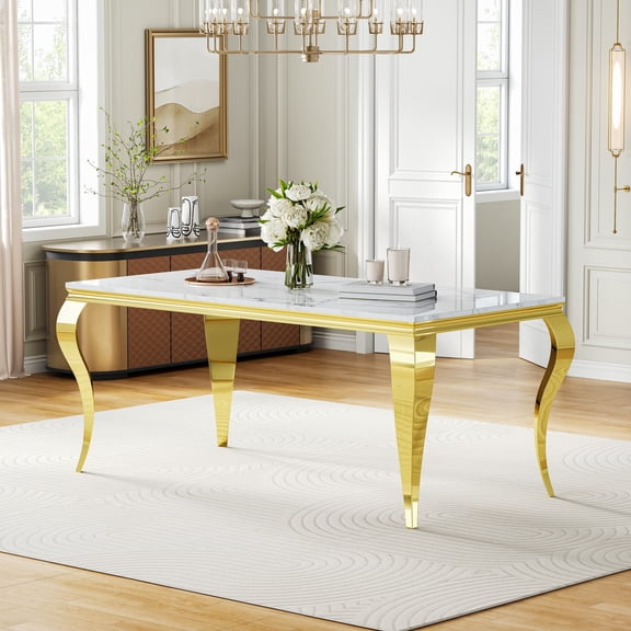 Modern Marble Dining Table, 70" Faux Marble Top and Polished Stainless Steel S-Shaped Legs, for Apartment, Living Room, Kitchen