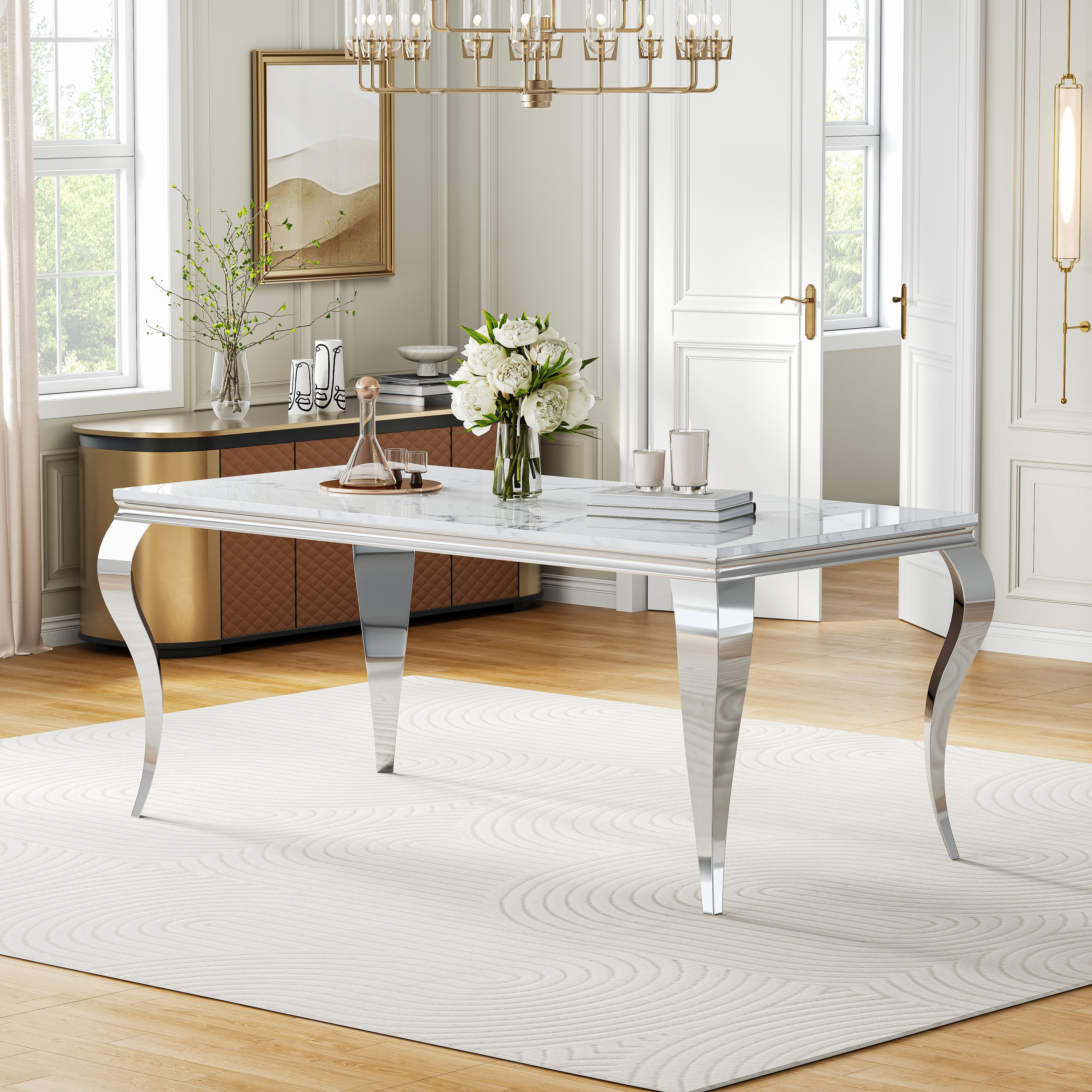 Modern Marble Dining Table, 70" Faux Marble Top and Polished Stainless Steel S-Shaped Legs, for Apartment, Living Room, Kitchen
