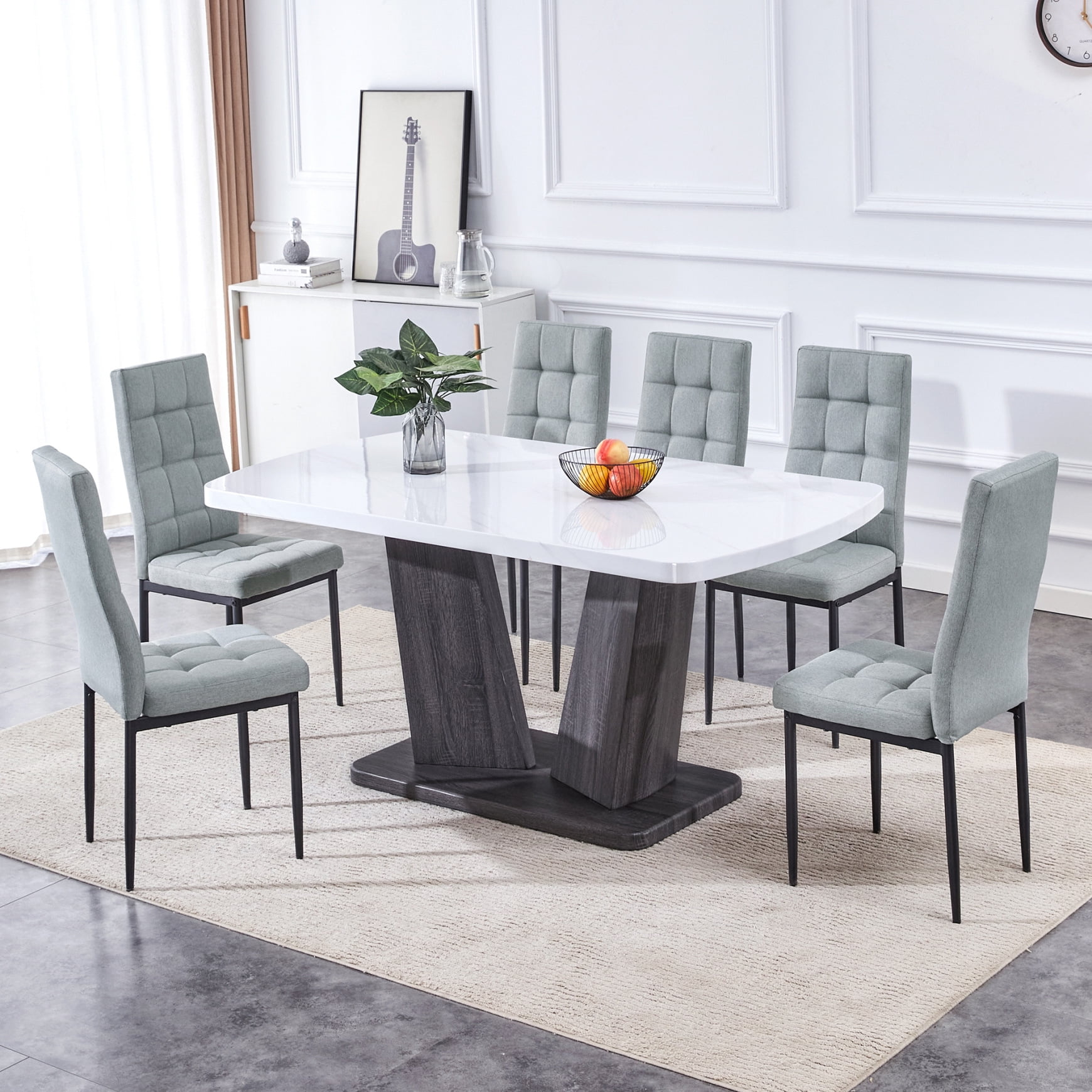 Modern Marble Dining Table Set for 6, 63'' Rectangular Table with 6 ...