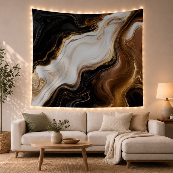 Modern Marble Flow Across White, Black and Gold Layers, Serene Abstract for Art Lovers, Stone Inspired Decor, New Home Gift, Tapestry Wall Hanging for Studio and Living Room