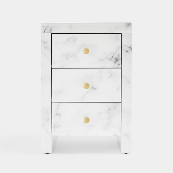 Modern Marble Glass Nightstand with 3 Drawers, Bedroom Side Table with Gold Handles, 17.7x14x26 inches, White
