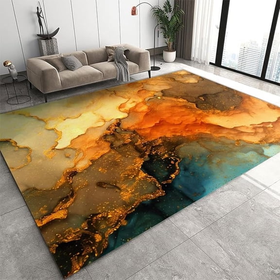 Modern Marble Gradient Orange Area Rug, Orange Gold Marble Texture Indoor Non Slip Living Room Rug, Low Pile Fade Resistant Soft Rug For Bedroom Study Office Decor Floor Mat 3x4ft