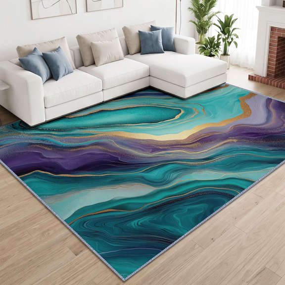 Modern Marble Liquid Waves Area Rugs, Gold Line Carpet, Washable Non Slip Low Pile Soft Rug for Living Room Bedroom Sofa Area Decor Mat 2x3ft