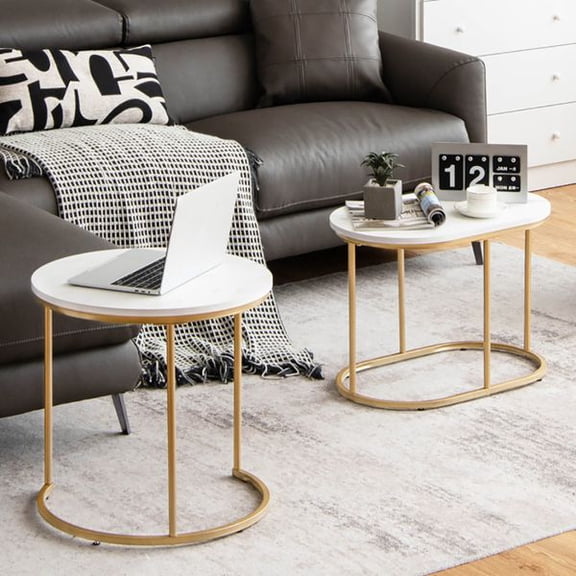 Modern Marble Look Nesting Coffee Table Set of 2 with Gold Metal Frame, Round and Rectangular Side Tables, Space Saving Living Room Accent Furniture, Sturdy MDF Top, Adjustable Foot Pads for Home Off