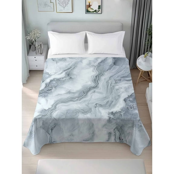 Modern Marble Queen Size Flat Sheet, Wrinkleproof & Fadeproof Cooling Flat Bed Sheet Only, Abstract Ink Painting Art Contemporary Breathable Soft Bedding Top Sheets 90 x 102 Inches