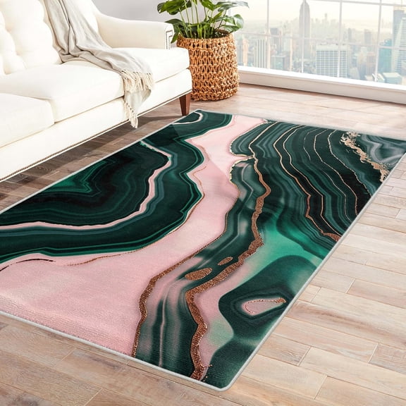 Modern Marble Rug, Washable Emerald Green Gold Pink Rugs For Living Room Bedroom, Abstract Area Rug For Home Decor, Non Slip Backing Floor Carpet 3x4ft
