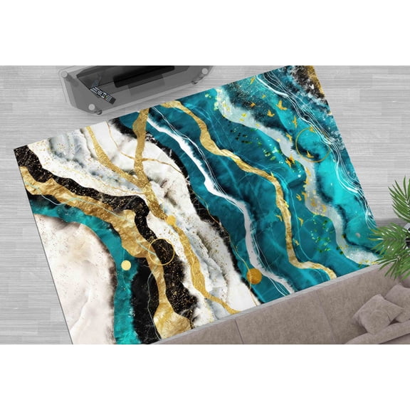 Modern Marble Rugs, 3D Printeds Rugs, Blue And Gold Marble Rug, Blue Marble Rug, Alcohol Ink Rug, Small Rugs, Personalized Gifts Rugs, 5.2'x7.5' - 160x230 cm
