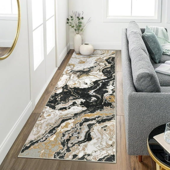 Modern Marble Runner Rug, Washable, Abstract Marble Pattern, Non Slip, 2'x6' for Bedroom Entryway, Hallway, Black