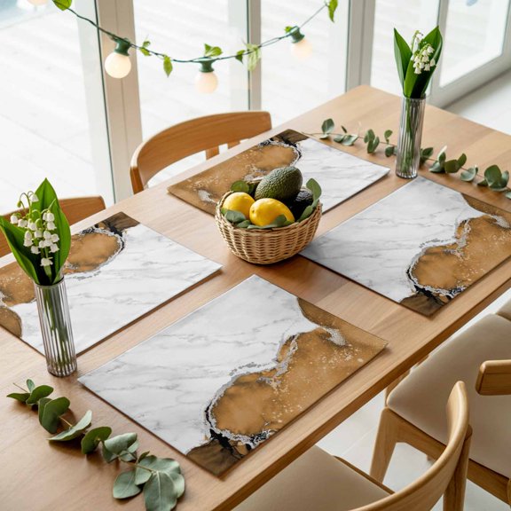 Modern Marble Style Placemats Set of 4,Wipeable Washable Table Mats for Dining Tables, White Grey Yellow Stone Texture Place Mats for Kitchen Event Party Tabletop Decor